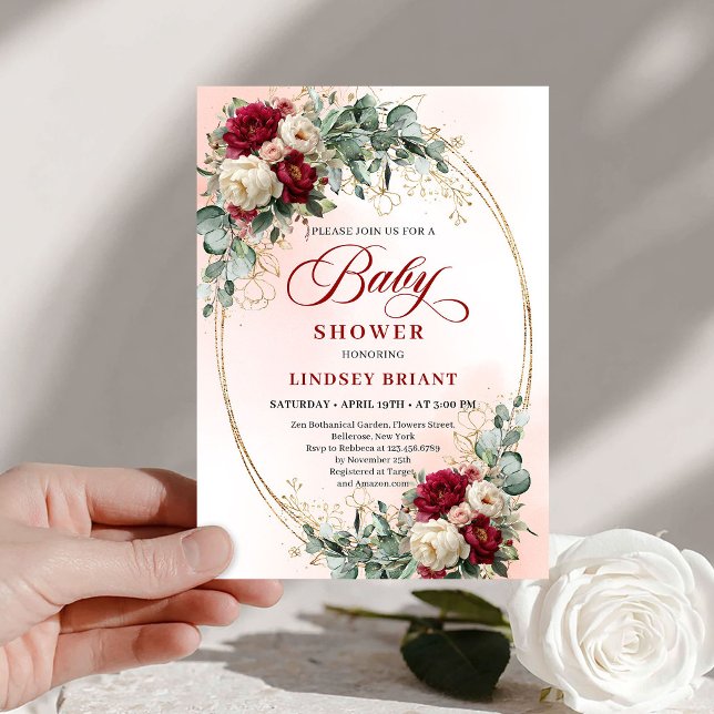 Modern Boho Burgundy and Gold Baby Shower Invite Inbjudningar (Modern Boho Burgundy and Gold Baby Shower Invite)