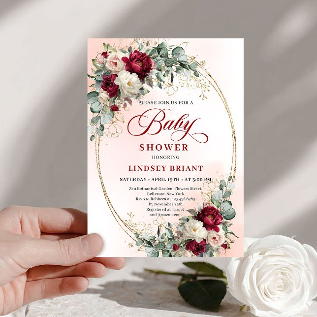 Modern Boho Burgundy and Gold Baby Shower Invite Inbjudningar (Modern Boho Burgundy and Gold Baby Shower Invite)