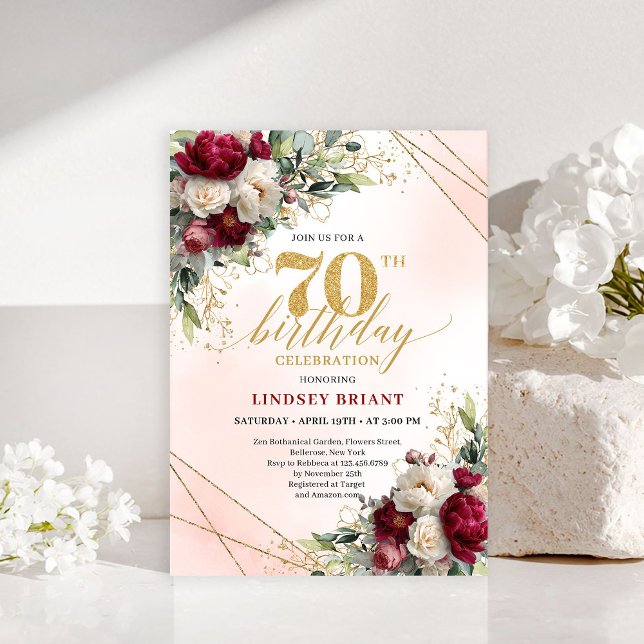Modern Boho Burgundy Floral 70 Years Young Invite Inbjudningar (Modern Boho Burgundy Floral 70 Years Young Invite)