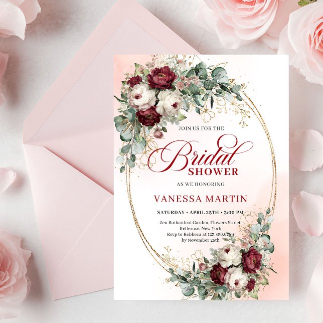 Modern Boho Burgundy Gold Eucalyptus Bridal Shower Inbjudningar (Modern Burgundy Gold Eucalyptus Bridal Shower Invite)