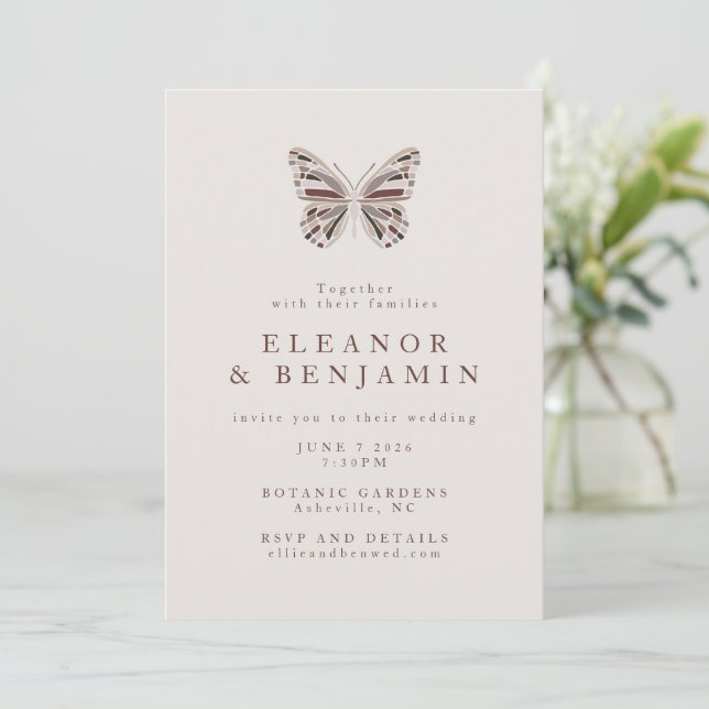 Modern Boho Butterfly Burgundy Taupe Bröllop Inbjudningar (Stående Fram)