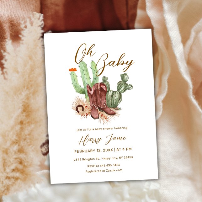 Modern Boho Cactus Cowboy Shoes Baby Shower Inbjudningar (Modern Boho Cactus Cowboy Shoes Baby Shower Invitation)