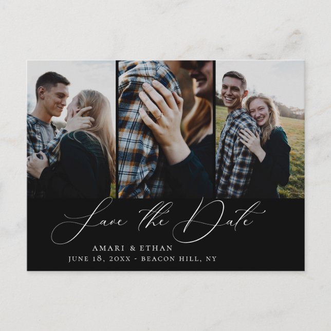 Modern Boho Calligraphy Multi-Photo Save Date Meddelande Vykort (Framsida)