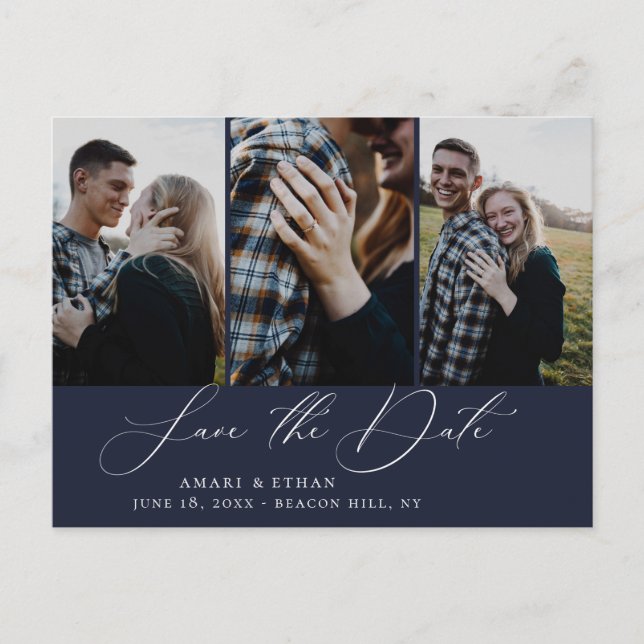 Modern Boho Calligraphy Multi-Photo Save Date Meddelande Vykort (Framsida)