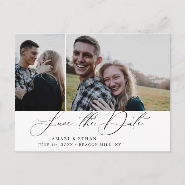 Modern Boho Calligraphy Multi-Photo Save the Date Meddelande Vykort (Framsida)