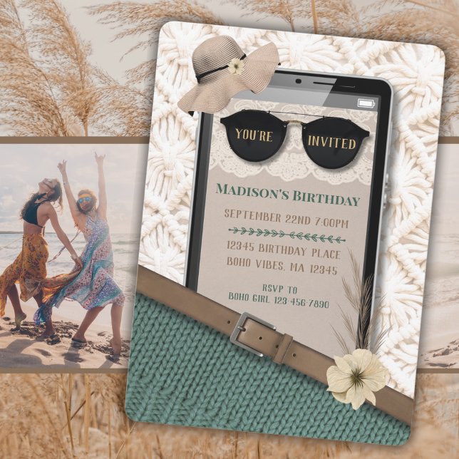 Modern Boho Cell Mobil födelsedagsinbjudan Inbjudningar (Modern Boho Cell Phone Birthday Invitation)