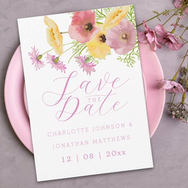 Modern Boho Chic Blommig Rosa Bröllop Spara Datumet (Elegant wildflower watercolor pink yellow floral wedding save the date invitation)