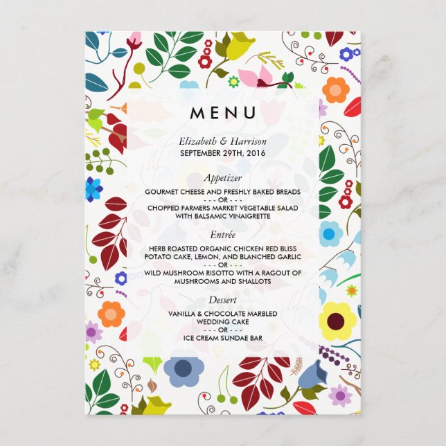 Modern Boho Chic Blommigt Bröllop Menu Meny (Framsida)