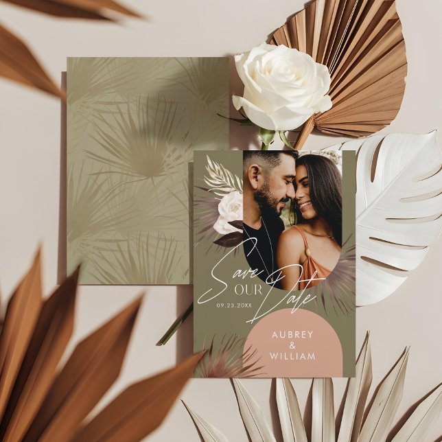 Modern Boho Chic Boho Vattenfärg Blommor Foto Spara Datumet (Modern Bohemian Chic Boho Watercolor Florals Photo Save The Date)