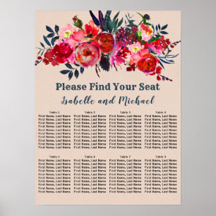 Modern Boho Chic Red Blommigt 8-Bord sätesdiagram Poster