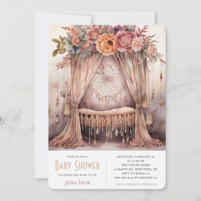 Modern Boho Crib Dreamcatcher Mobile Baby Shower Inbjudningar (Framsida)