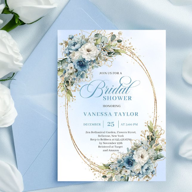 Modern Boho Dammtblå Blommor Guld Bröllopsfest Inbjudningar (Modern Dusty Blue Flowers Gold Bridal Shower Invite)