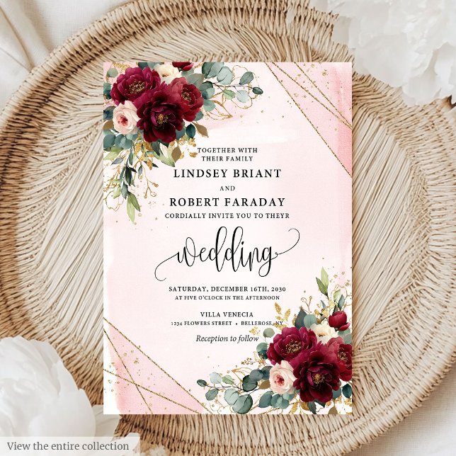 Modern Boho Deep Red Guld  Ro Bröllop Inbjudningar (Modern Boho Deep Red Gold Blush Roses Wedding Invitation)