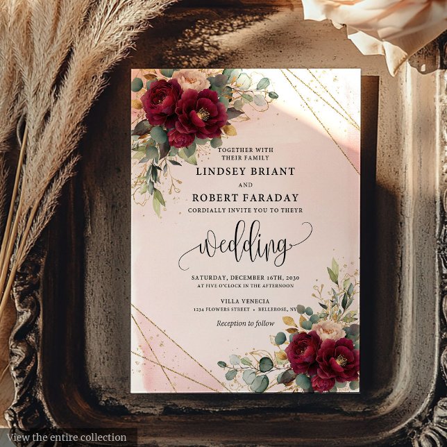 Modern Boho Deep Red  Guld Ro Chic Bröllop Inbjudningar (Modern Boho Deep Red Blush Gold Roses Chic Wedding Invitation)
