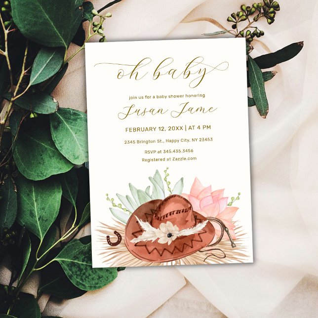 Modern Boho Desert Cactus Cowboy Hat Baby Shower Inbjudningar (Modern Boho Desert Cactus Cowboy Hat Baby Shower Invitation)