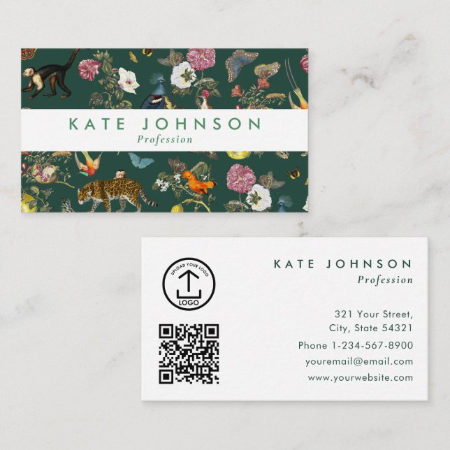 Modern Boho Djungeldjur Blommig Grön Färgrik  Visitkort (Fram/baksida)