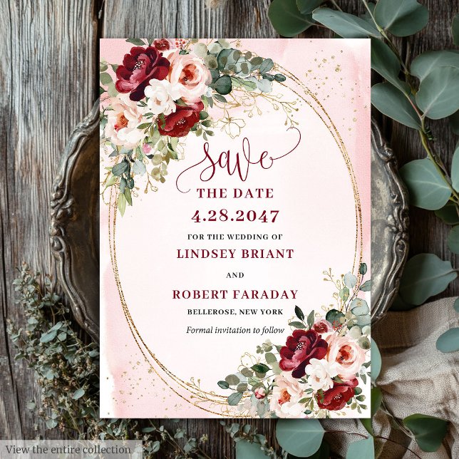 Modern Boho Djup Röd Rosenskär Guld Blommig Spara  Inbjudningar (Modern Boho Deep Red Blush Gold Floral Save Date)