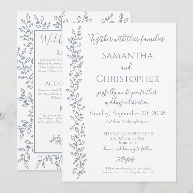 Modern Boho Dusty Blue Botanical Minimal Bröllop Inbjudningar (Fram/baksida)