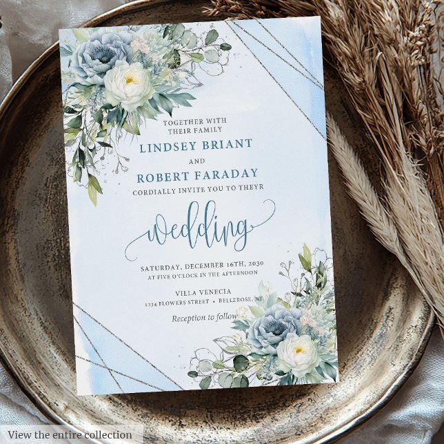Modern Boho Dusty Blue Silver Ro bröllopsinbjudan Inbjudningar (Modern Boho Dusty Blue Silver Roses Wedding Invitation)