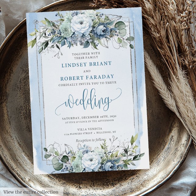 Modern Boho Dusty Blue White Silver Ro Bröllop Inbjudningar (Modern Boho Dusty Blue White Silver Roses Wedding Invitation)