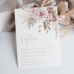 Modern Boho Dusty Ro och  Blommigt Baptism Inbjudningar