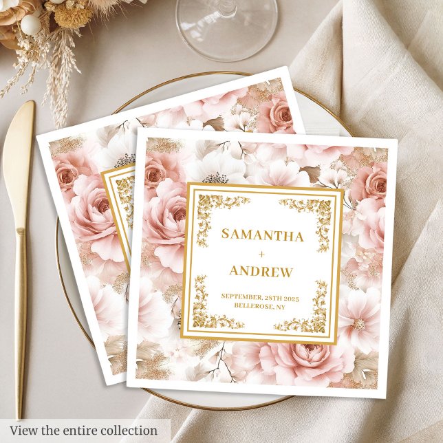 Modern boho dusty rosa guld blommigt bröllop pappersservett (Modern boho dusty pink gold floral wedding napkins)