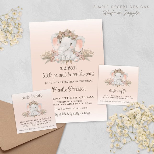 Modern Boho Elefant Baby Shower Blöja Lotteri Tilläggskort (Cute Elephant Baby Shower Card Inserts for Diaper Raffle and Book Request Cards with Invitation)