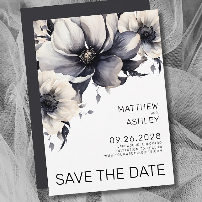 Modern Boho Elegant Svart Vit Blommig Bröllop Spara Datumet (Modern Elegant Floral Black White Wedding Save the Date)