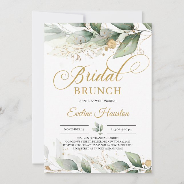 Modern boho eucalyptus guld löv möhippa brunch inbjudningar (Framsida)