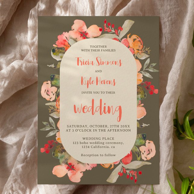 Modern Boho fall terracotta grönt blommigt bröllop Inbjudningar (Modern Boho fall terracotta green floral wedding Invitation)