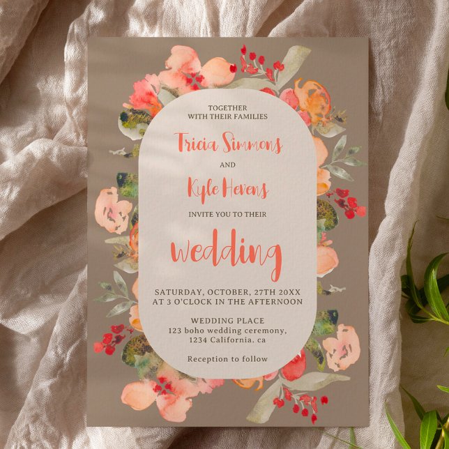 Modern Boho fall terracotta khaki blommigt bröllop Inbjudningar (Modern Boho fall terracotta khaki floral wedding Invitation)