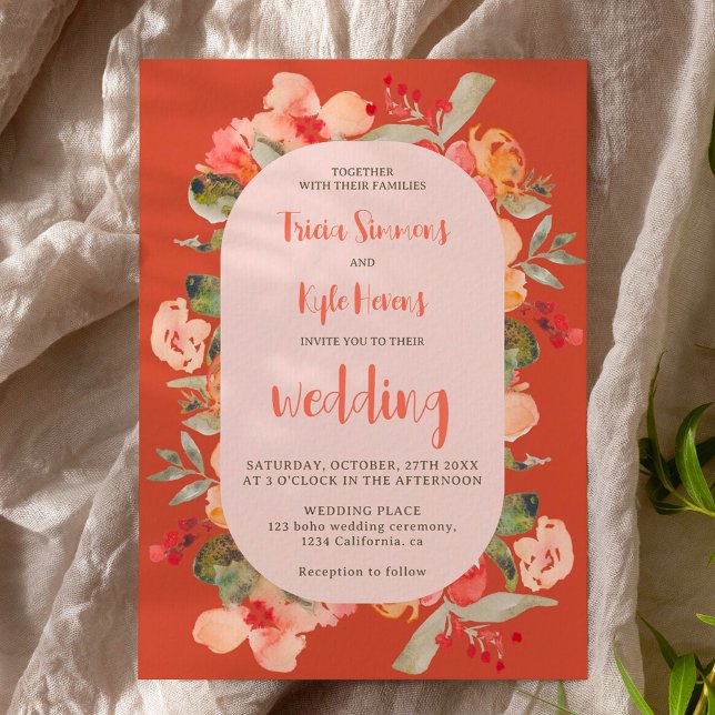 Modern Boho fall terracotta-skript blommigt bröllo Inbjudningar (Modern Boho fall terracotta script floral wedding Invitation)