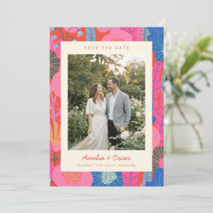 Modern Boho Färgrik Röd Blommig Foto Bröllop Spara Datumet