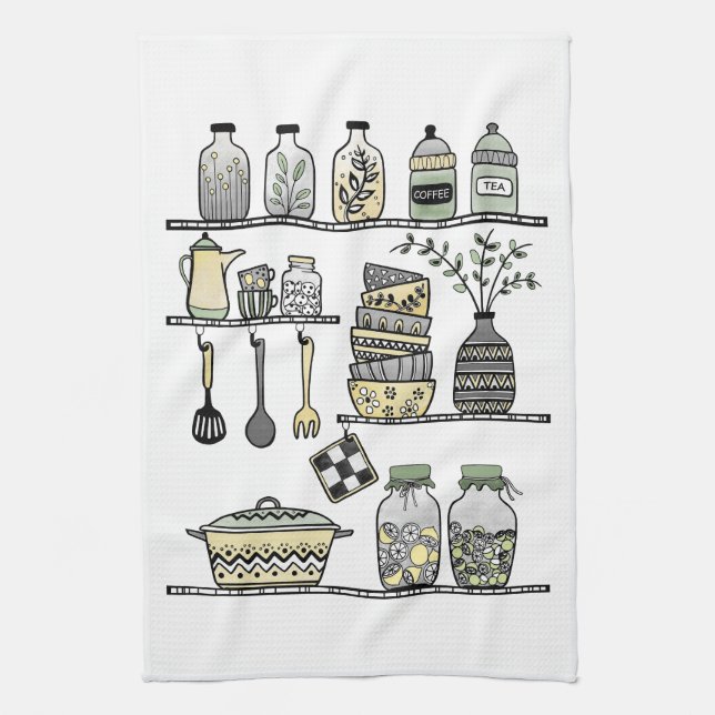 Modern Boho Farmhouse Kitchen Shelf Illustration Kökshandduk (Vertikal)