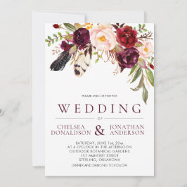 Modern Boho Feathers Marsala Blommigt Bröllop Inbjudningar