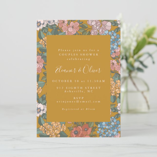 Modern Boho Floral Mustard Yellow Couples Shower Inbjudningar (Stående Fram)