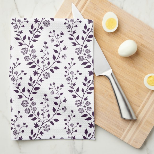 Modern Boho Floral Pattern Plum White Kökshandduk (Vikt i Fjärdedel)