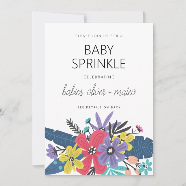 Modern Boho Flowers Twin Boy Baby Sprinkle Inbjudningar (Framsida)