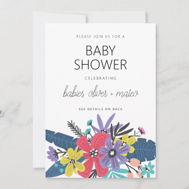 Modern Boho Flowers Twin Boy Shower Inbjudningar (Framsida)