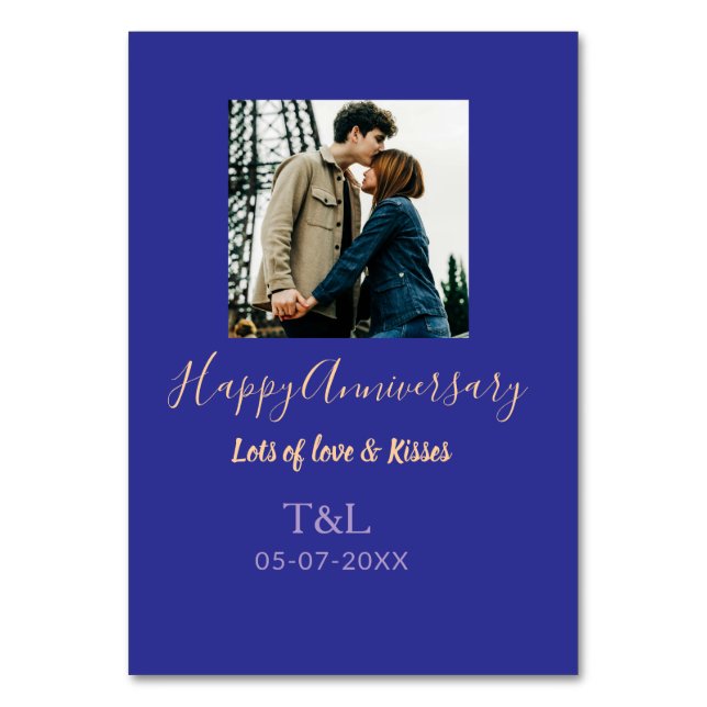 Modern boho glad årsdag lägg till namn blå orange bordsnummer (Framsidan)