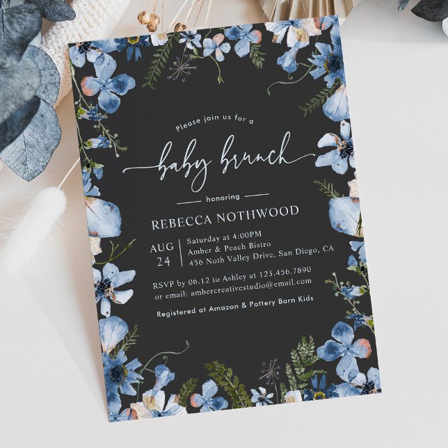 Modern Boho Grått Blue Blommigt Baby Brunch Shower Inbjudningar (Skapare uppladdad)