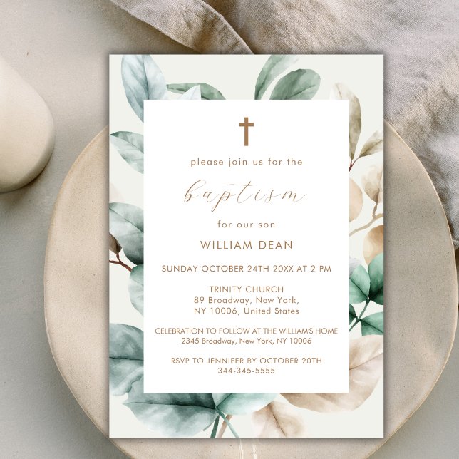 Modern Boho Greenery Kor Baptism Inbjudningar (Modern Boho Greenery Cross Baptism Invitation)