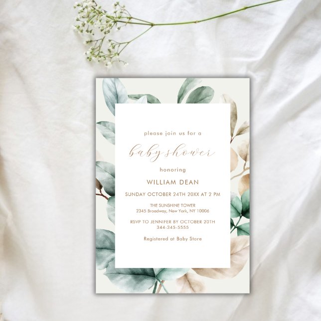 Modern Boho Greenery Löv Baby Shower Inbjudningar (Modern Boho Greenery Leaves Baby Shower Invitation)