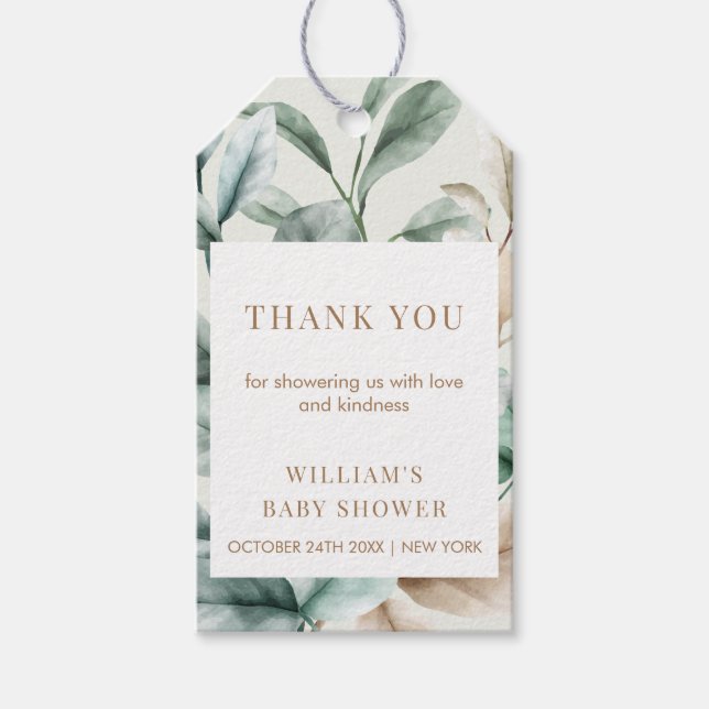 Modern Boho Greenery Löv Baby Shower Presentetikett (Framsidan)