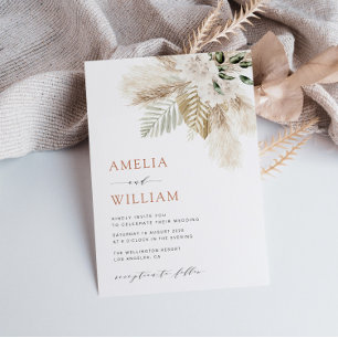 Modern boho greenery pampas-gräs QR-kod bröllop Inbjudningar