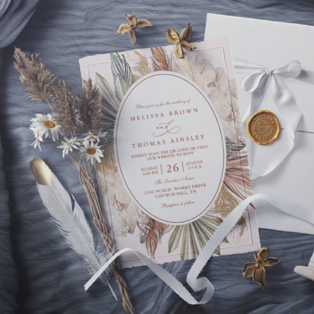 modern boho greenery pampas grass qr code wedding inbjudningar (Skapare uppladdad)