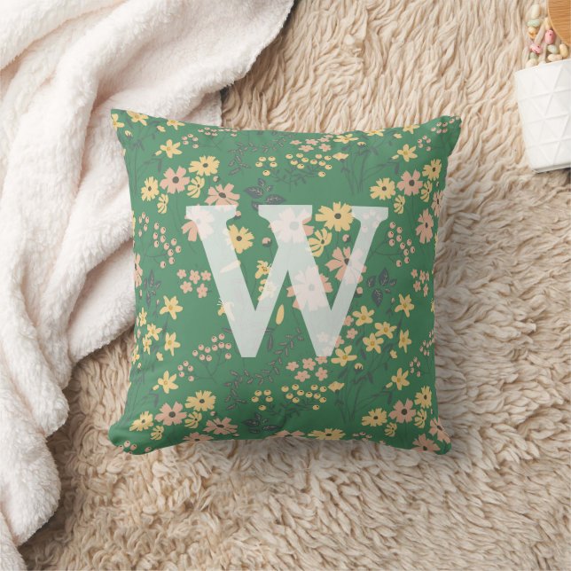 Modern Boho Grön Blommig Monogram Initial Kudde (Filt)