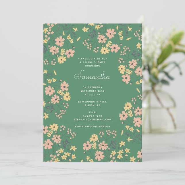 Modern Boho Grön Blommönster Bröllopsdusch Inbjudningar (Stående Fram)