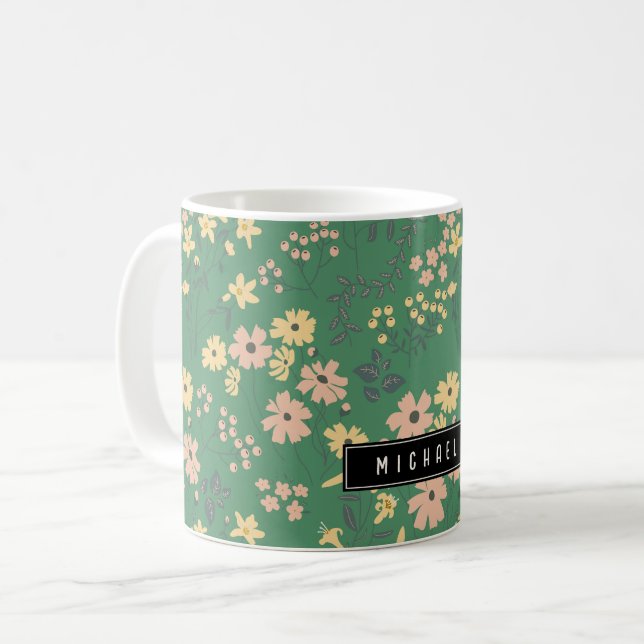 Modern Boho Grön Blommönster Kaffemugg (Framsida vänster)