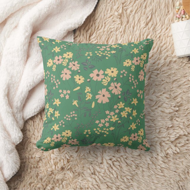 Modern Boho Grön Blommönster Kudde (Filt)